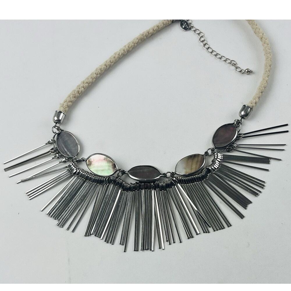 Loft Spiky Metal Punk Medallion Mop Abalone Shell Necklace Rope Whimsy goth Moth